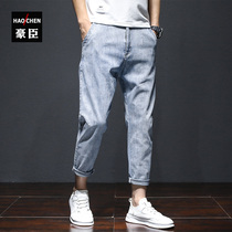 Summer stretch thin nine-point pants mens nine-point pants small feet light blue eight-point eight-point pants jeans high-end tide brand