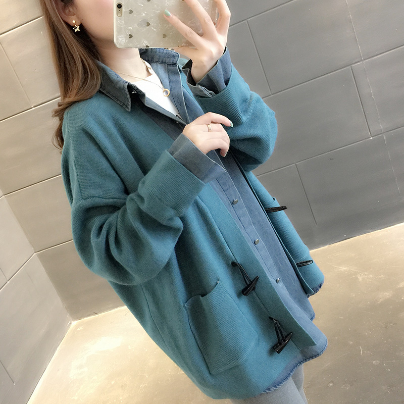 2021 new autumn denim stitching knitted fake two-piece cardigan women's pockets loose lazy wind sweater jacket tide