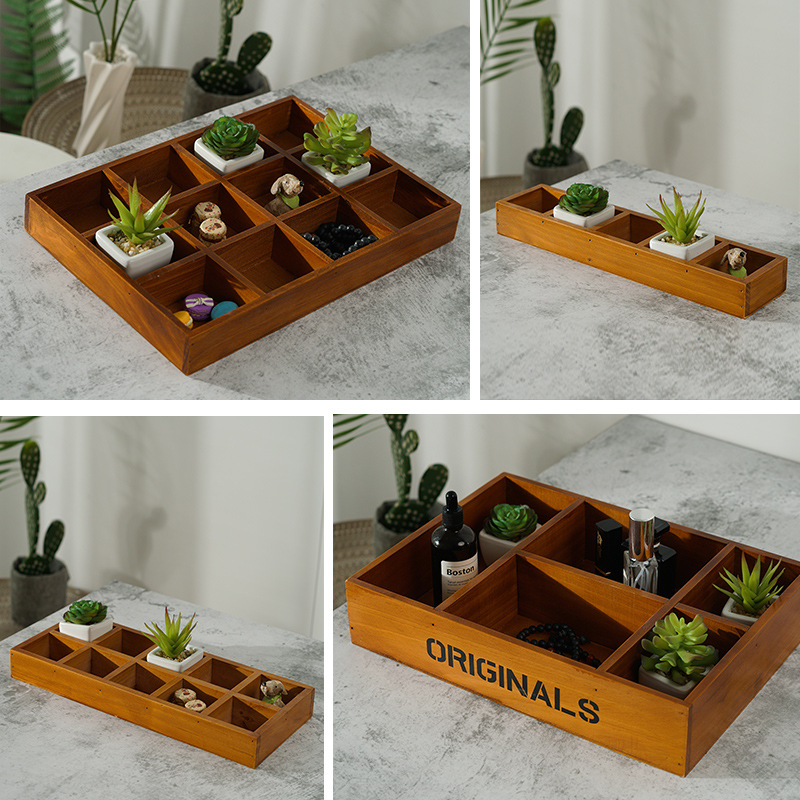 Desktop wooden cosmetics storage box zakka potted succulent solid wood grid box rectangular sundries wooden box