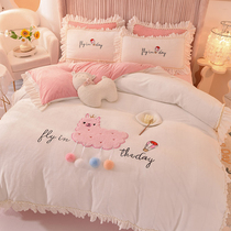 Han Style Milk Flannel Bed Skirt Four Pieces Of Embroidery Quilt Cover Winter Plus Suede Thickened Coral Suede Quilt Cover Three Sets