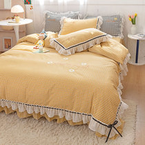 Summer Bed Bedding All Cotton Pure Cotton Four Sets Minimalist Pure Color Quilt Cover 1 8m Bed Princess Wind Lotus Leaf Lace