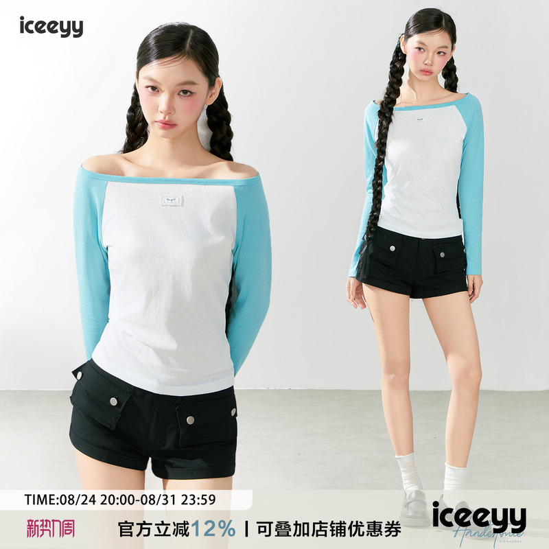 Iceeyy Korean Style Color-Blocked One-Shoulder Raglan Sleeve Long-Sleeve T-Shirt with a Relaxed and Slim Fit, Versatile Top Iceeyy Korean Style Color-Blocked One-Shoulder Raglan Sleeve Long-Sleeve T-Shirt with a Relaxed and Slim Fit, Versatile Top