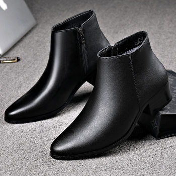 Autumn and winter genuine leather chelsea boots, fashionable pointed toe high-heeled warm boots, trendy fashion martin boots, plus size men's boots