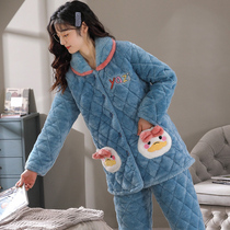 Coral velvet pajamas womens autumn and winter three-layer padded padded velvet warm home clothing flannel suit New