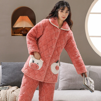 Winter pajamas womens three layers of thick cotton coral velvet plus velvet autumn and winter warm flannel home suit