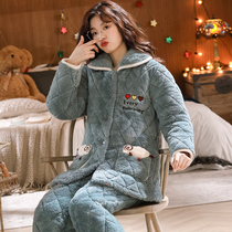 Winter coral velvet pajamas womens three layers of thick cotton and velvet flannel autumn and winter cute suits can be worn outside