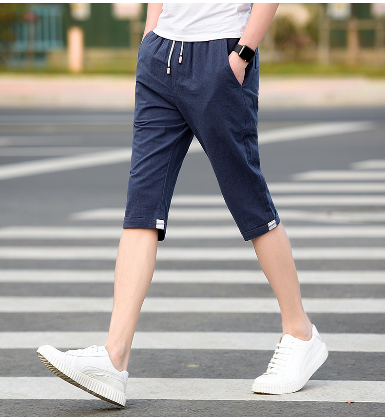 Quần short nam cắt quần Teen rắn màu quần mỏng mùa hè bông năm điểm Casual Elastic eo ống túm