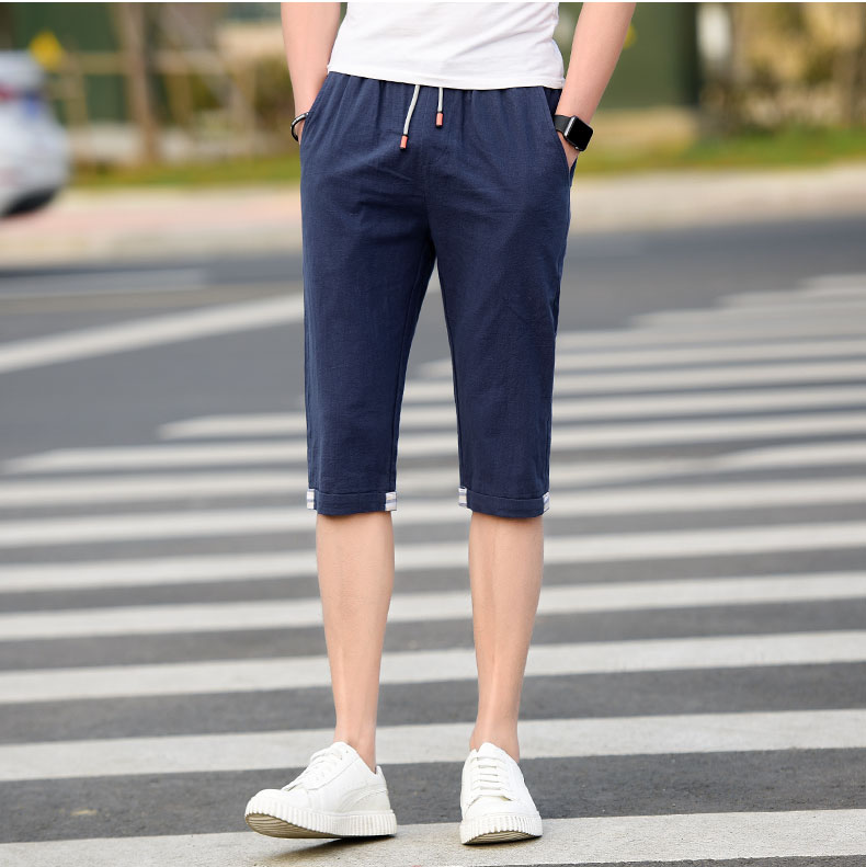 Quần short nam cắt quần Teen rắn màu quần mỏng mùa hè bông năm điểm Casual Elastic eo ống túm