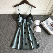 Suspender nightgown female summer Thin Ice Silk Korean version of sexy with chest pad pajamas skirt spring and autumn polka dress