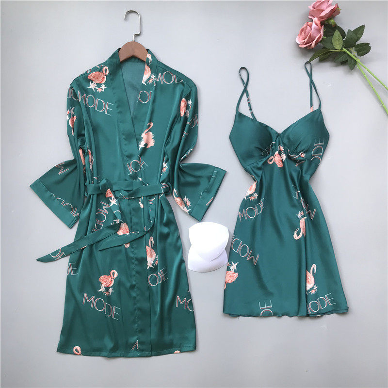 Printed sling sexy sleeping skirt bodes ice silk thin two-piece set gathered in the sleeve private bedroom pajama short skirt summer