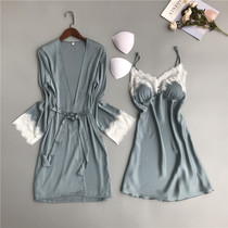 Sexy pajamas female summer sling nightdress with chest cushion gathered two pieces of ice silk lace edge long sleeve 2020 New