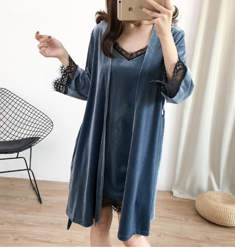 Bộ đồ ngủ nhung vàng gợi cảm của phụ nữ mùa thu và mùa đông nhung quây váy ngủ hai mảnh phù hợp với áo dài tay ấm áp có thể được mặc váy ngủ 2 dây