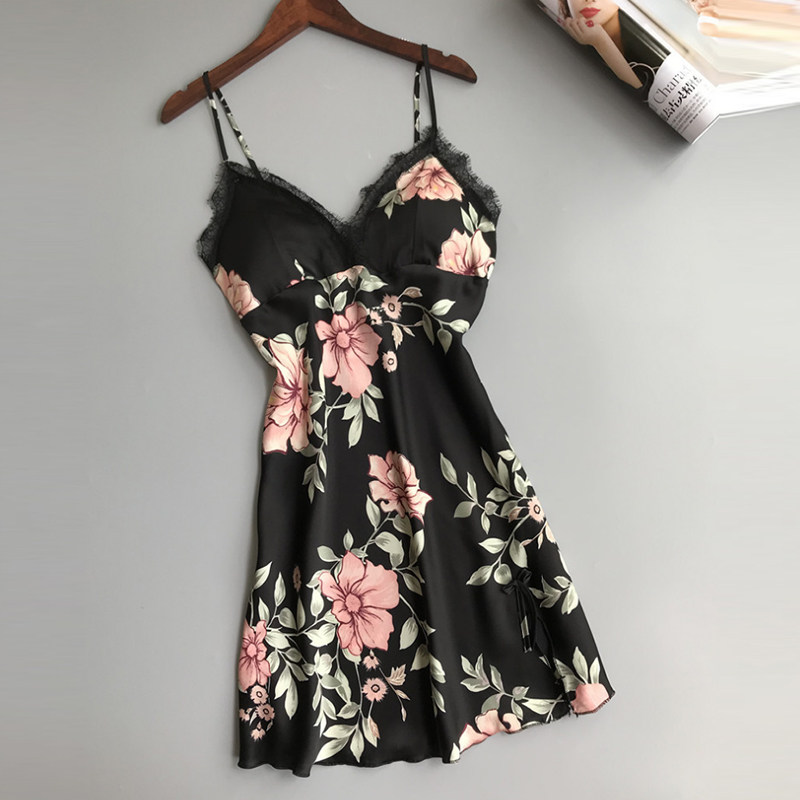 Sleepwear Woman Summer Ice Silk Adult Sexy Harness Sleeping Dress With Chest Cushion Coaling Small Breast Slim print 2022 Summer