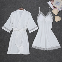 Sexy pajamas female summer ice silk with chest cushion gathered two-piece sling nightgown thin adult can be worn outside