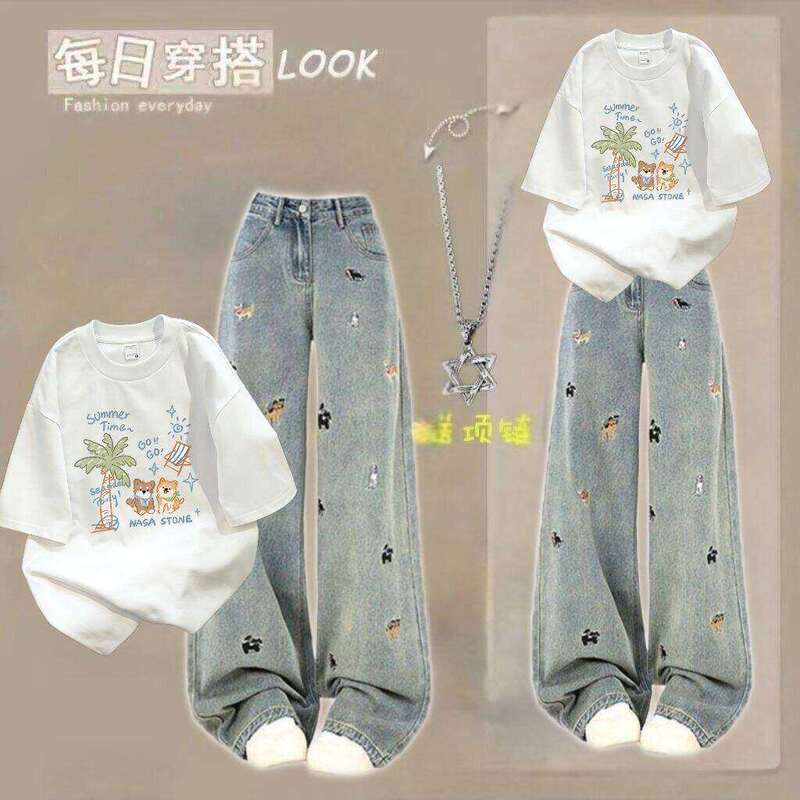 Early Summer Energetic Salty-Sweet Pure Cotton Short-Sleeved Student Tops for Junior High School Girls, American-Style Jeans, Fashionable Two-Piece Set