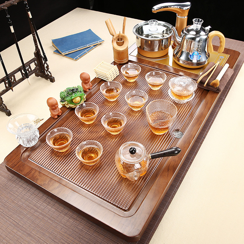 Glass Kung Fu Tea Set Household Flat Tea Tray Solid Wood Fully Automatic One Water Boiling Tea Table Complete Set Electric Tea Stove