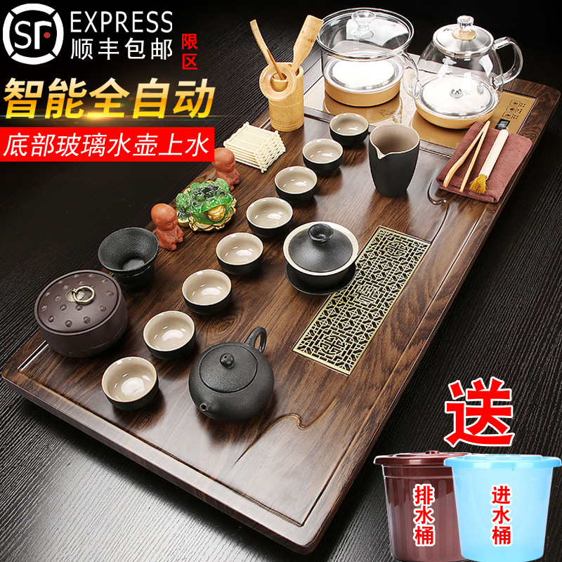 Fully automatic glass tea set home living room whole set kung fu solid wood tea tray bottom on the water kettle tea table