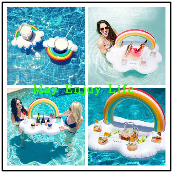 Play Water Toy Inflatable Rainbow Clouds Cup Cushion Drinks cup Milk Tea Cup Seat Sea Floating phone Waterproof Shelf