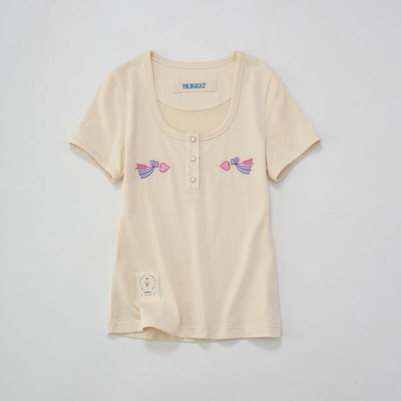 Hukket Long-Staple Cotton and Mulberry Silk Blend Henley Collar Slim Fit Embroidered T-Shirt Short Sleeve