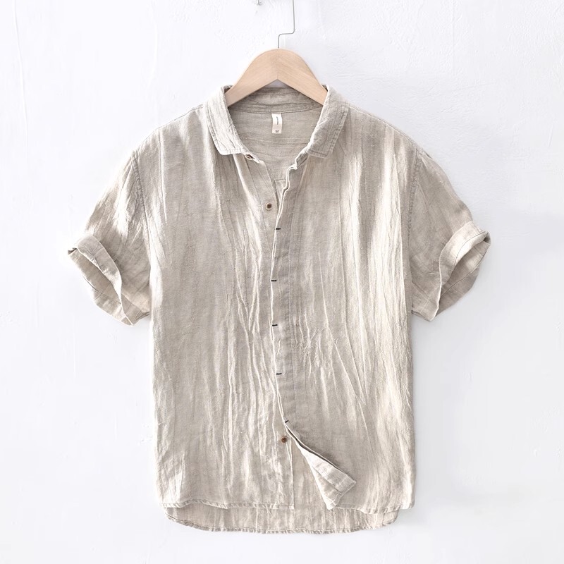 Retro Men's Wrinkled Short-Sleeved Linen Shirt Men's Summer Casual Breathable Loose Cotton and Linen Shirt Half-Sleeved Top Trendy