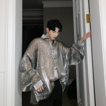 Summer thin shirt male bat sleeve loose perspective sequin shirt bar hair stylist Chao man chic top handsome