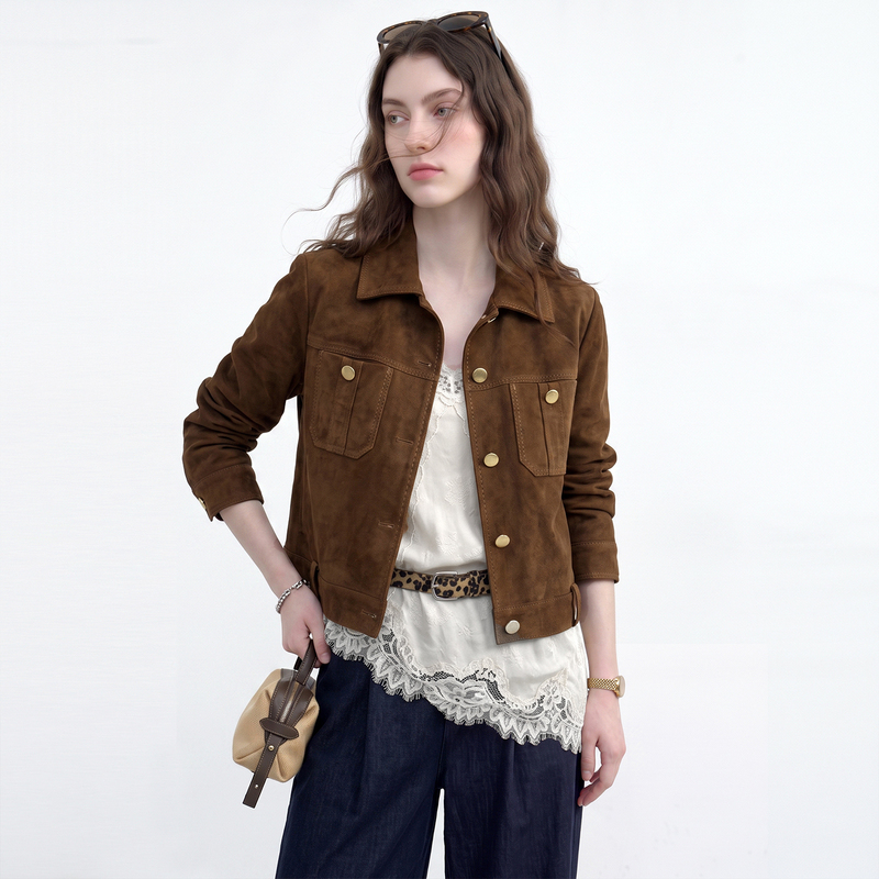 Mzuc Retro Old Money Style Suede Lapel Short Jacket for Women, Regular Shoulder, Caramel Brown, Versatile Jacket, New Autumn Model
