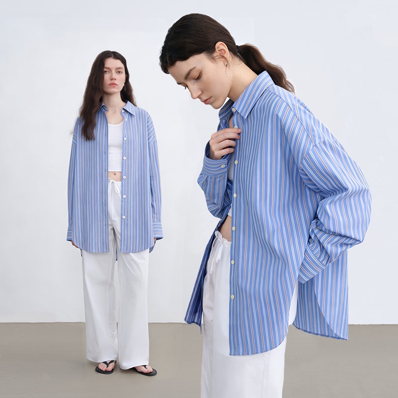 Mzuc Spring and Summer New Blue Striped Shirt for Women, Long-Sleeved, Loose-Fitting, Pure Cotton, Comfortable and Relaxed, High-Quality Shirt