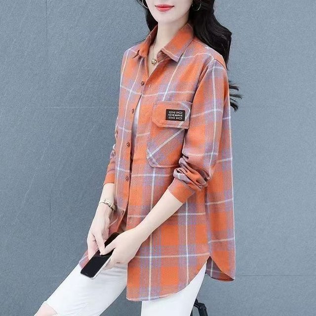 Middle-Aged and Elderly Women's Cotton Plaid Shirt 2025 Spring and Autumn Long-Sleeved Loose Stylish Ladies' Shirt Mom's Cotton Top