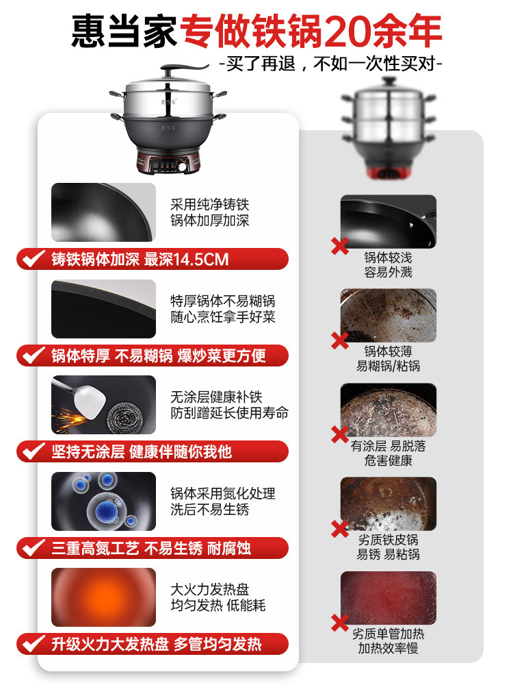 Huidangjia Multifunctional Electric Wok, Household Electric Cast Iron Wok, Stir-Fry All-In-One Non-Stick Pot, Hot Pot Cooking Pot