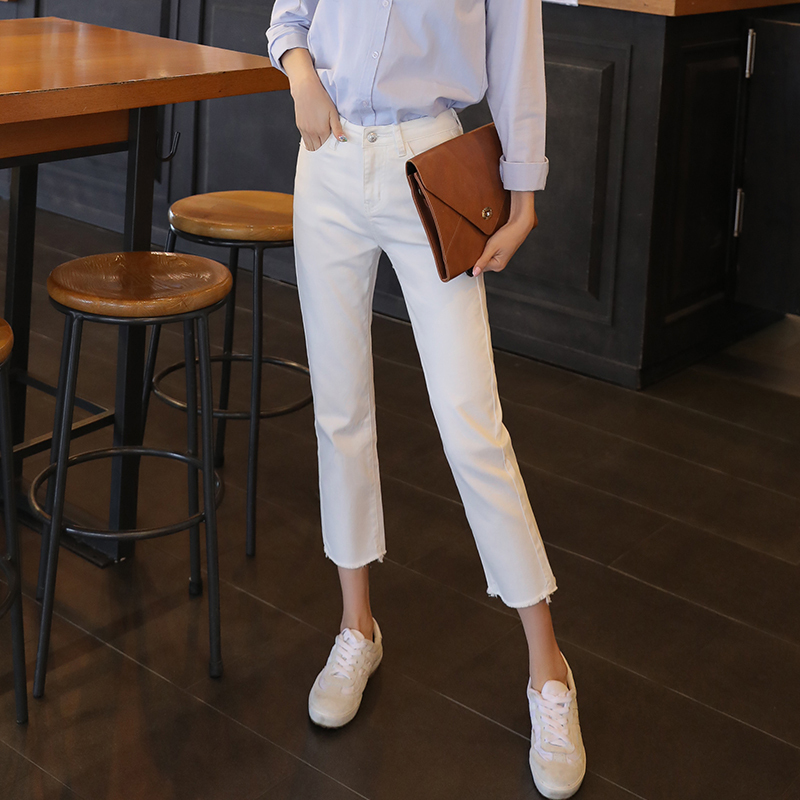 White Straight-Leg Cropped Jeans for Petite Women, Summer Pants, Korean Style, Loose, Thin, Frayed Hem, Black Cropped Pants for Women