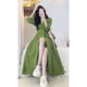 Spring new style French chic sweet and spicy slit green one piece skirt waist puff sleeve court wind tea break long skirt