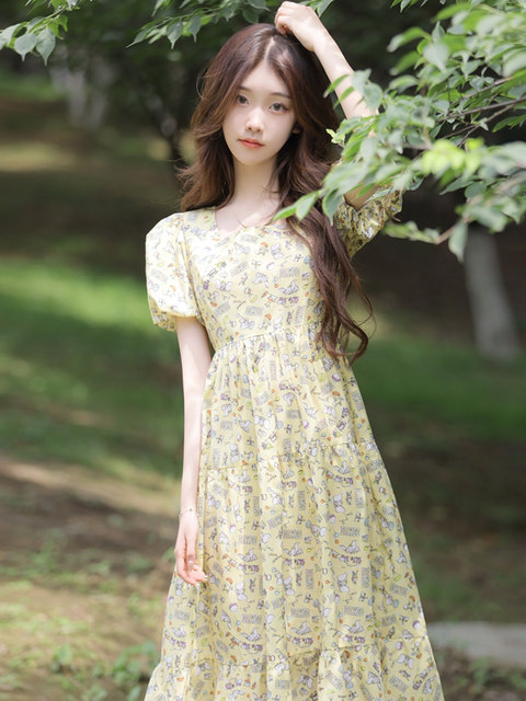 French super fairy puff sleeves gentle dress female summer waist milk sweet and thin retro light yellow floral dress