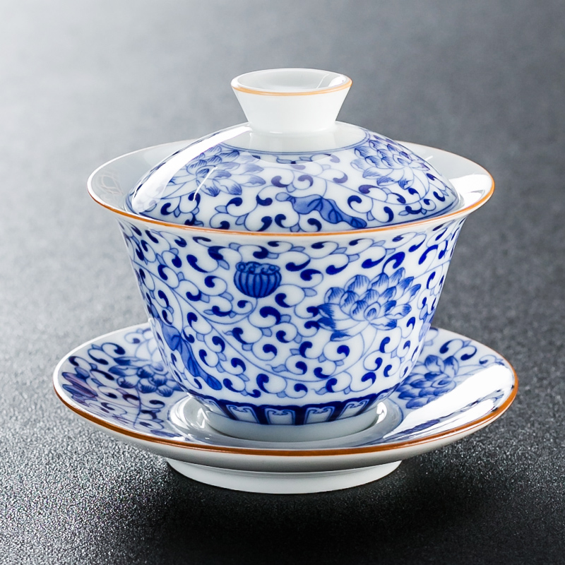 Qinyi Gaiwan tea cup Household handmade ceramic blue and white porcelain tea three large tea bowl tea bowl tribute tea bowl Kung Fu tea set