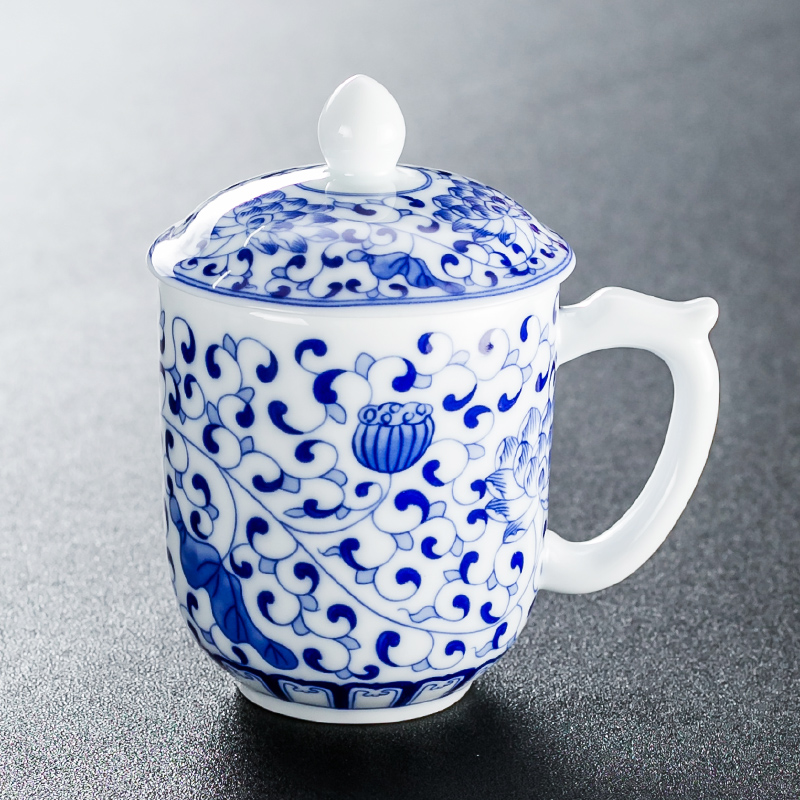 Qin Yi blue and white porcelain office teacup Ceramic cup large belt handle boss cup Personal cup Water cup Household tea cup