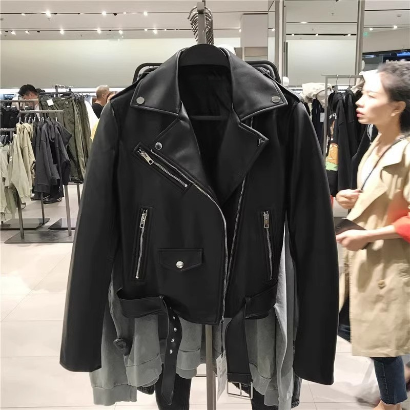 Autumn New Women's Black Slim-Fit Faux Leather Detachable Belt Biker Jacket Short Leather Coat