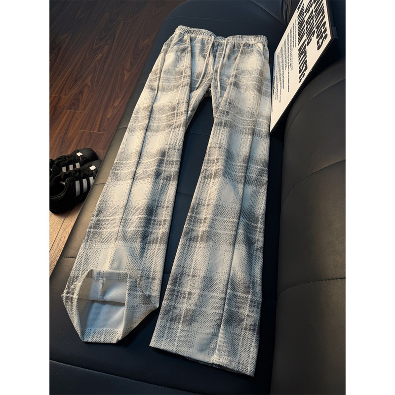 Vintage Chanel-Style Tie-Dye Plaid Sweatpants for Men, Autumn Drapey Casual Plaid Pants, American-Style Sports Pants
