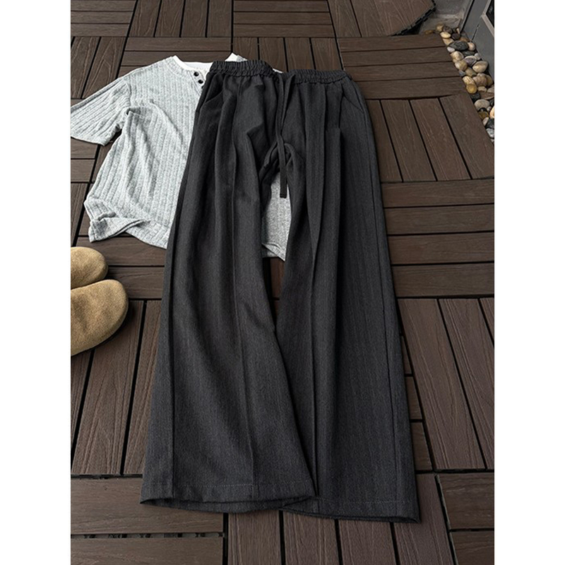 Dark Gray Old Money Style Ice Silk Striped Men's Trousers with a High-End Drape, Wide-Leg Pleated Straight Casual Pants Dark Gray Old Money Style Ice Silk Striped Men's Trousers with a High-End Drape, Wide-Leg Pleated Straight Casual Pants