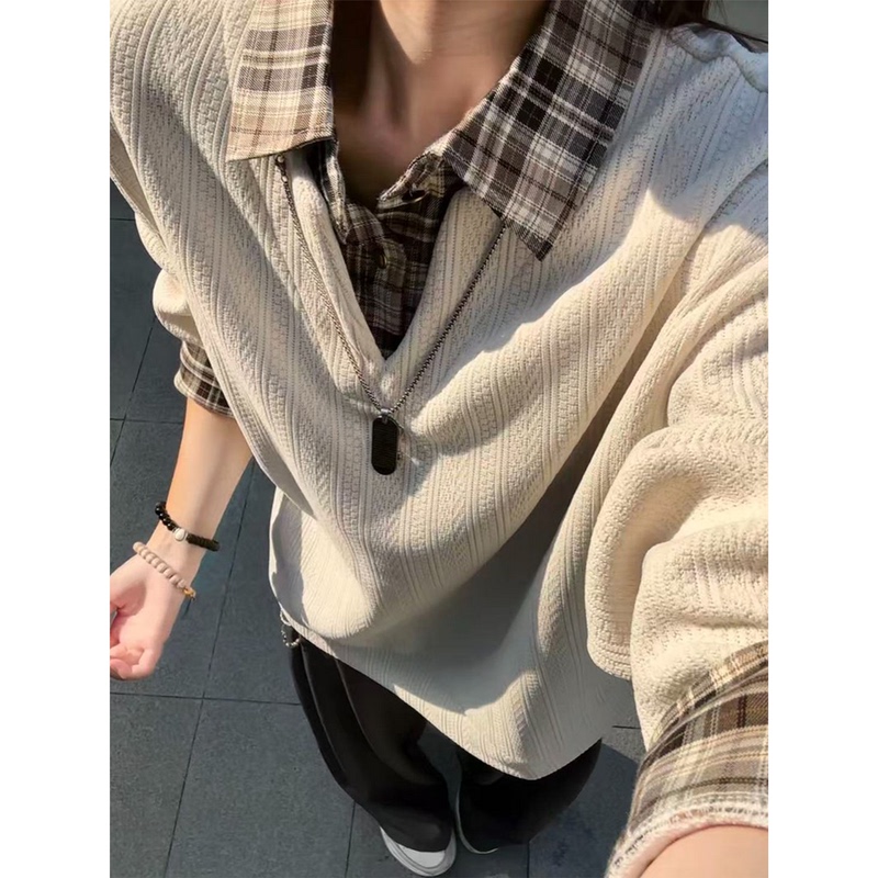 Old Money Style Wheat Ear Pattern Fake Two-Piece Polo Shirt Sweatshirt for Men, Autumn Plaid Patchwork Design Knit Long-Sleeve T-Shirt Old Money Style Wheat Ear Pattern Fake Two-Piece Polo Shirt Sweatshirt for Men, Autumn Plaid Patchwork Design Knit Long-Sleeve T-Shirt