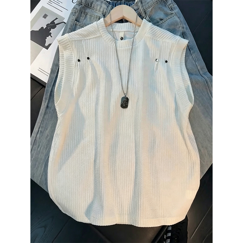 Cleanfit Off-White Pleated Rivet Vest Men's Summer Ice Silk Sleeveless T-Shirt Textured Loose Tank Top Cleanfit Off-White Pleated Rivet Vest Men's Summer Ice Silk Sleeveless T-Shirt Textured Loose Tank Top
