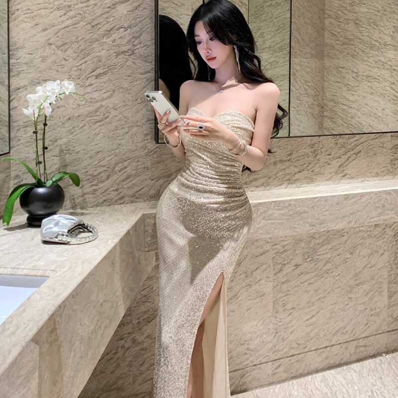 Birthday Gift Dress, High-End Dress, Classy Light Luxury, Niche Sparkling Party Long Dress, Sexy Strapless Dress