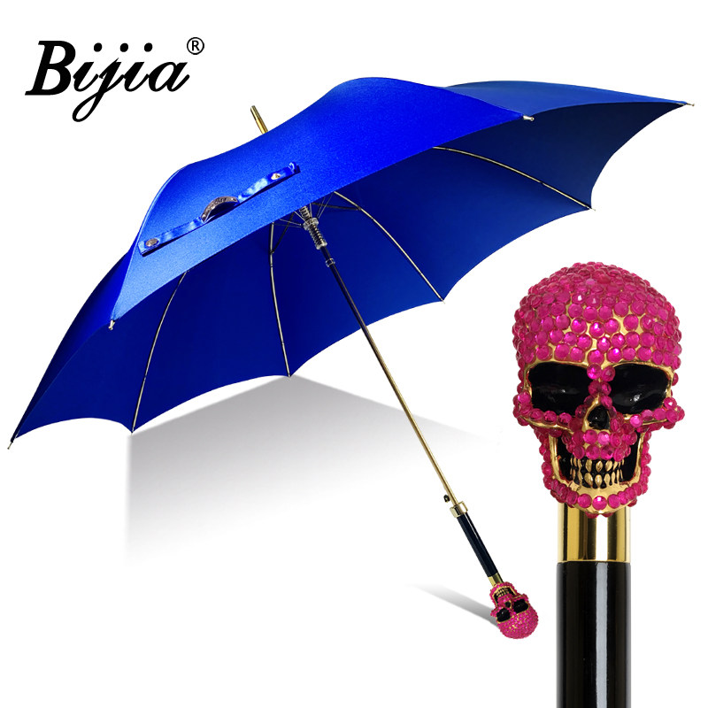 British BIJIA women's umbrella satan full of diamonds with skull handle Cool Luxurious Blue Retro Sunny