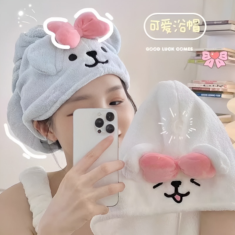 Line Drawing Puppy Hair Drying Cap Cartoon Coral Fleece Thickened Head Wrap Super Absorbent Shower Cap Towel Soft Adult Student
