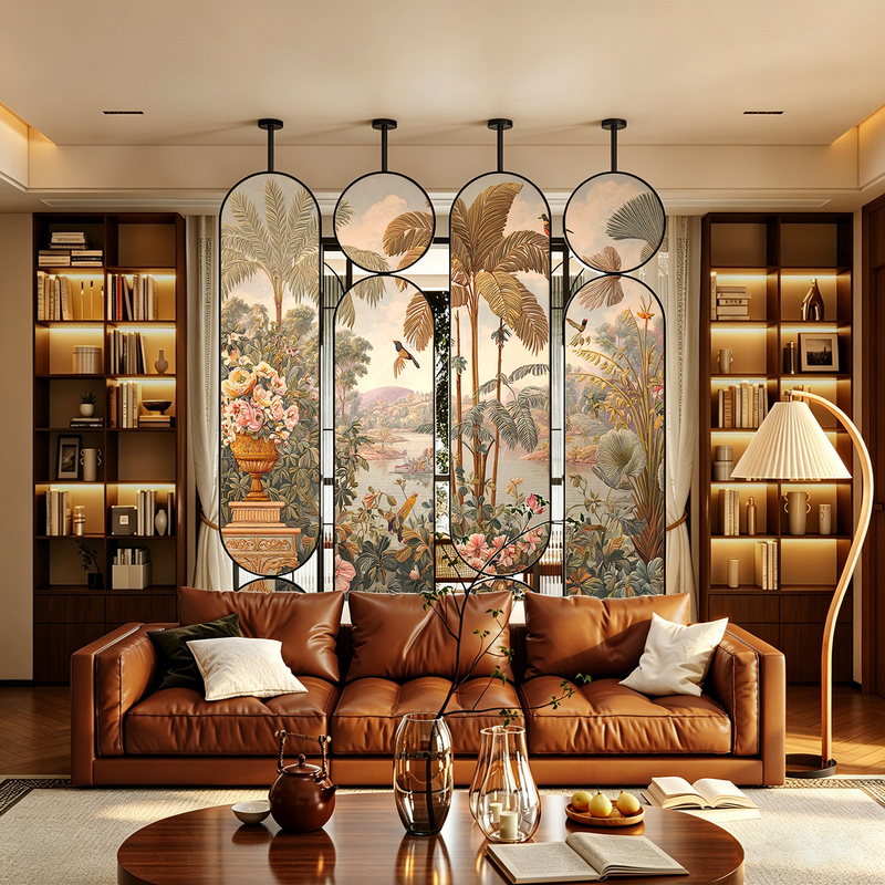 Screen Partition for Living Room Entrance, Tropical Rainforest Style, Stainless Steel Rotating Mirror, Foldable, Floor-To-Ceiling