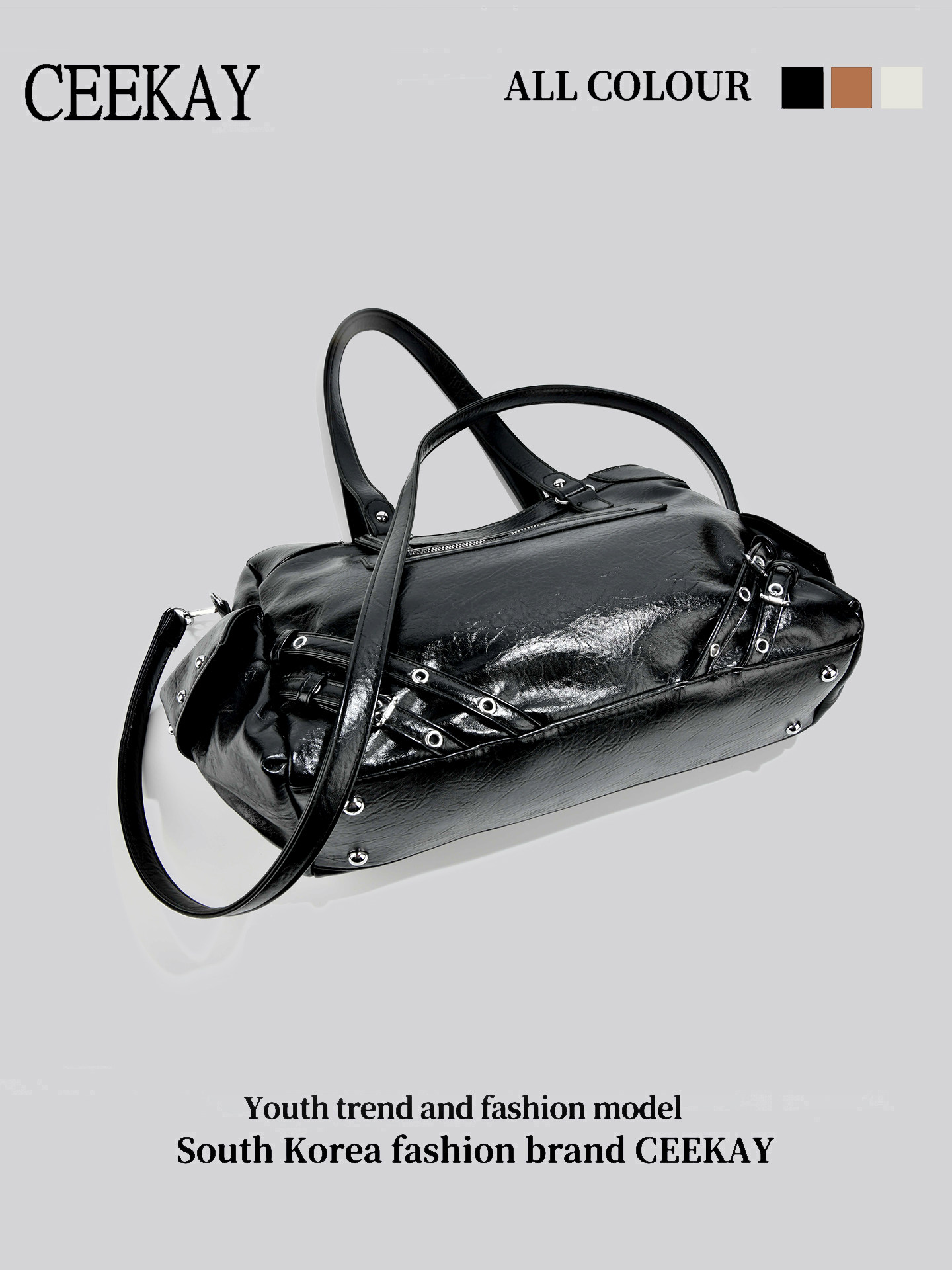 Ceekay Original Black Motorcycle-Style Tote Bag for Women, Retro Personalized Rivet Decoration, Versatile Trendy and Cool Shoulder Bag