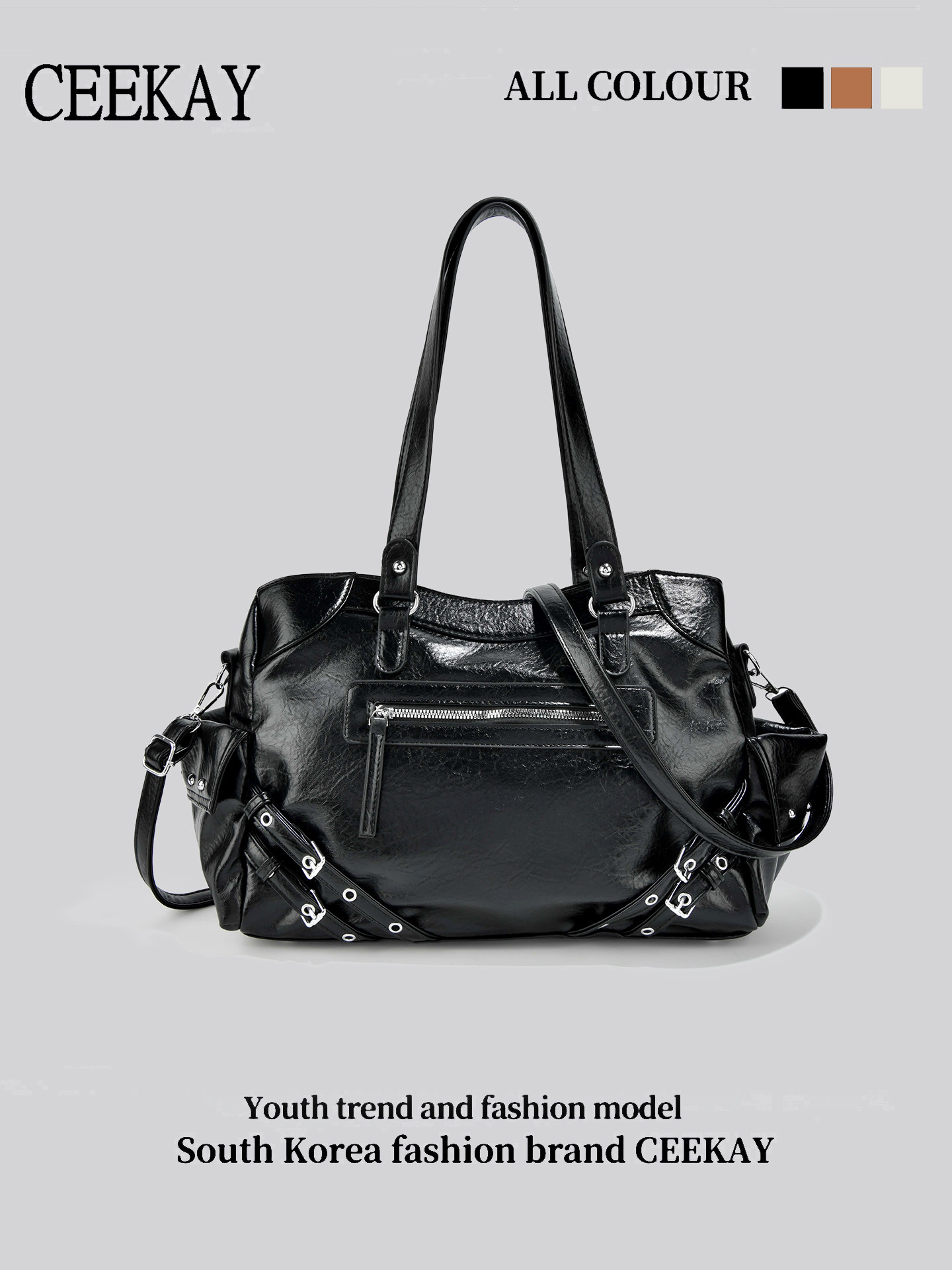 Ceekay Original Black Motorcycle-Style Tote Bag for Women, Retro Personalized Rivet Decoration, Versatile Trendy and Cool Shoulder Bag