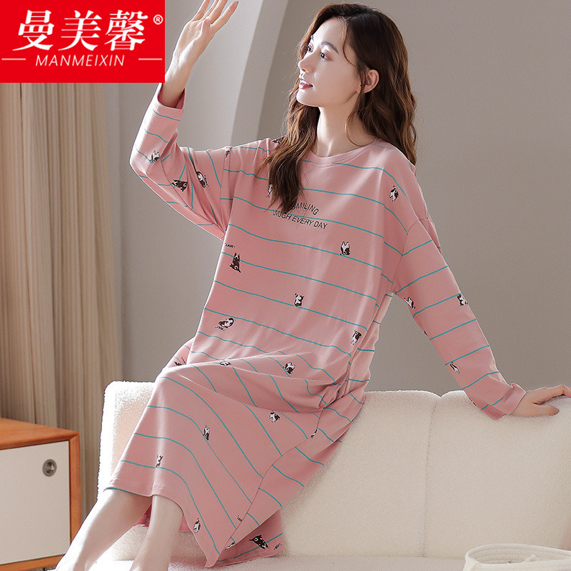 Women's Pajamas Spring and Autumn Pure Cotton Long-Sleeved Loose 2022 New Large Size Plus Size 100kg Long Nightgown Autumn and Winter Style