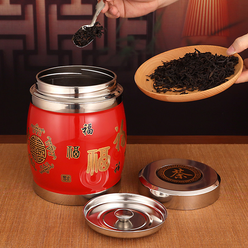 Creative New Chinese Tea Leaf Jars Stainless Steel Double Layer Lid Sealed Tea Tank Damp metal Large number empty jar containing tea casks