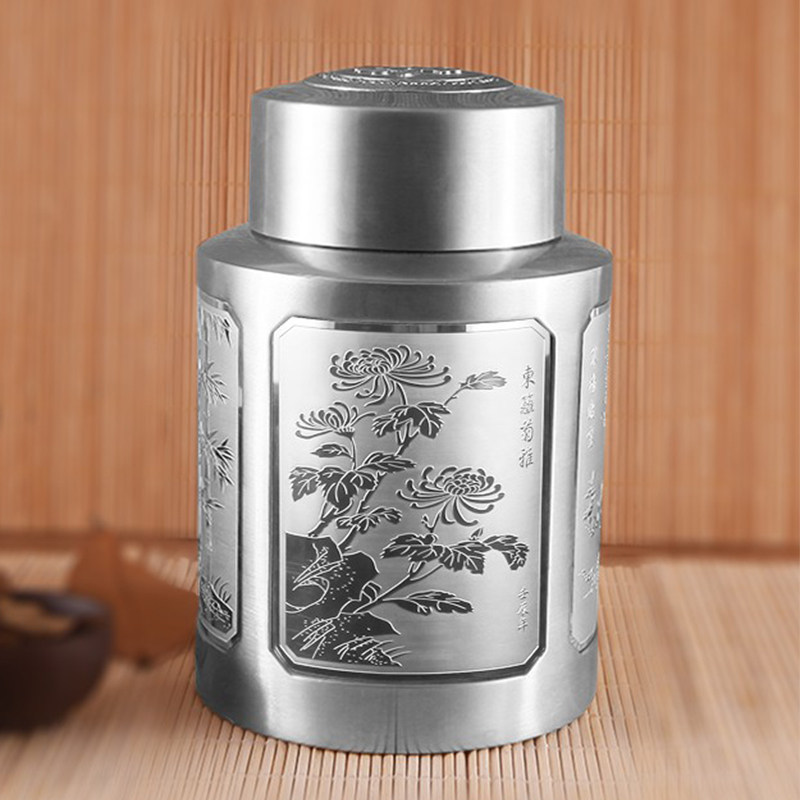 Tea leaf jars metal solid relief large number 304 stainless steel portable boutique flower tea packaging box imitation tin storage box