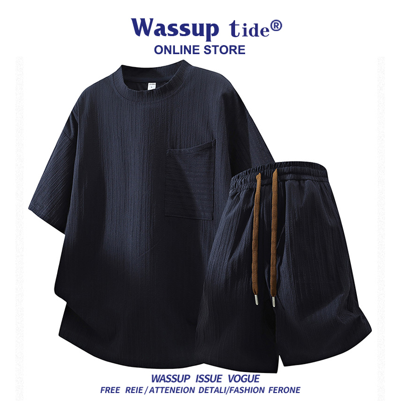 Wassup Tide Casual Suit for Men, Summer 2026 New Retro Round Neck Short-Sleeved T-Shirt and Shorts Two-Piece Set Trendy