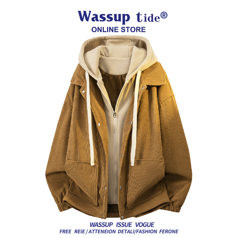 Wassup Tide Hooded Spring and Autumn Loose Two-Piece Corduroy Jacket Retro Height-Enhancing Slimming Coat for Men Wassup Tide Hooded Spring and Autumn Loose Two-Piece Corduroy Jacket Retro Height-Enhancing Slimming Coat for Men